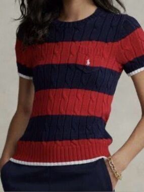 Polo by Ralph Lauren Red and Navy Striped Cable Knit Short Sleeve Sweater